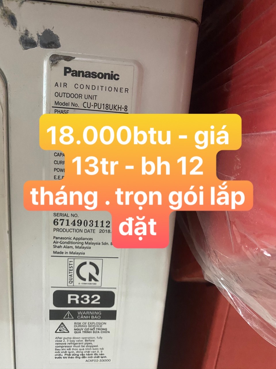 Điều hòa Panasonic PU18UKH-8 18000BTU, NEW 95%