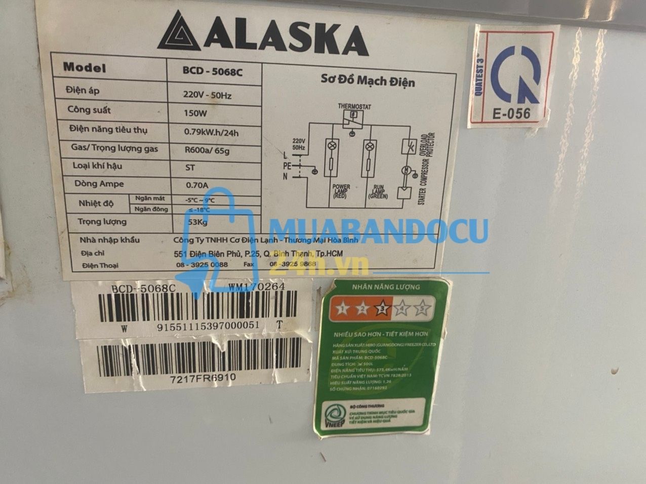 Tủ đông Alaska 500 lít 2 ngăn đông mát, new 90%