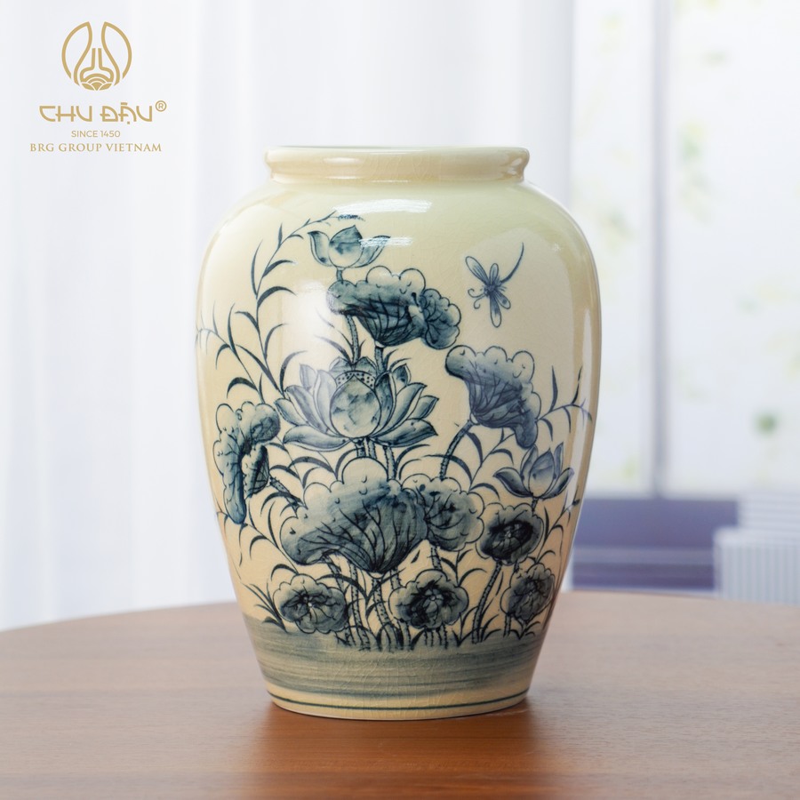 BÌNH HOA HOÀNG SEN GỐM CHU ĐẬU VẼ HOA SEN TRUYỀN THỐNG