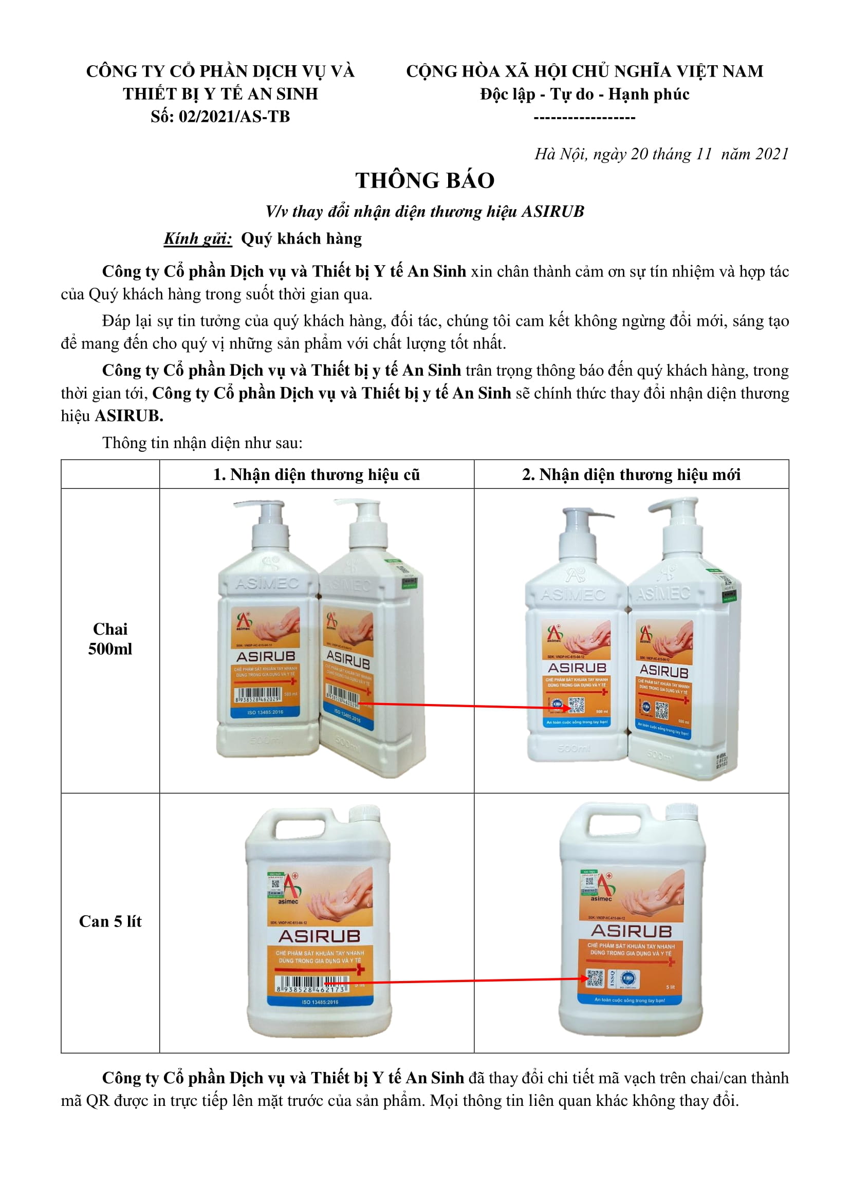 Thông báo thay đổi nhận diện sản phẩm Asirub