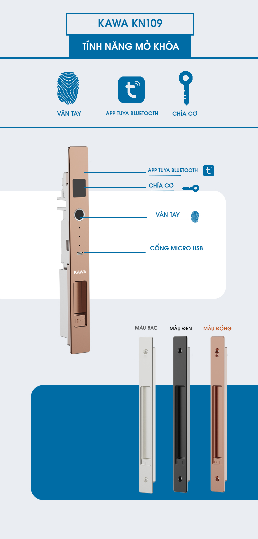 Khóa vân tay cửa nhôm trượt quay KAWA-KN109