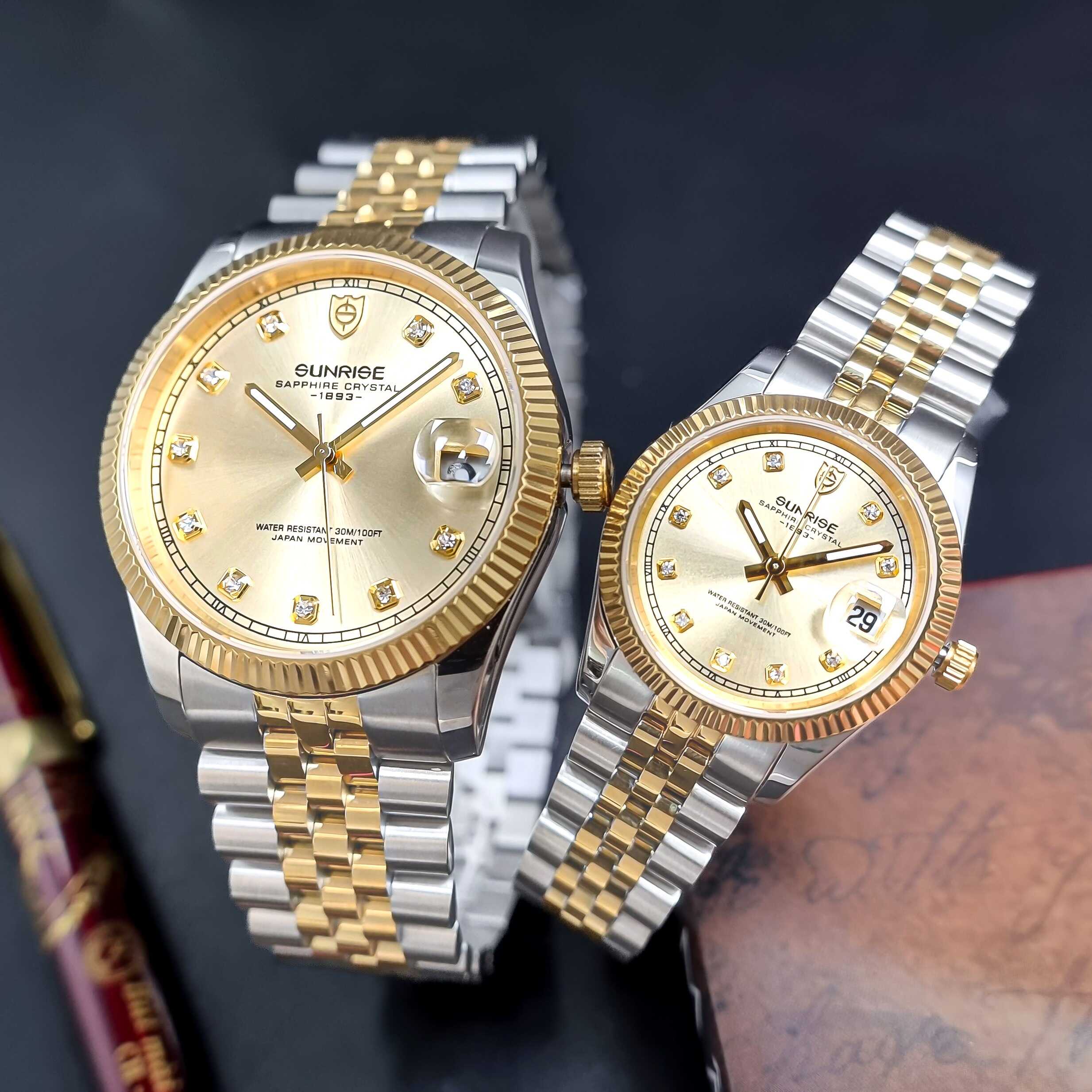 Đồng Hồ Cặp Sunrise Quartz 1255SA 2255SA Dây Thép Demi Gold Mặt Vàng ( Giá 1 Chiếc )