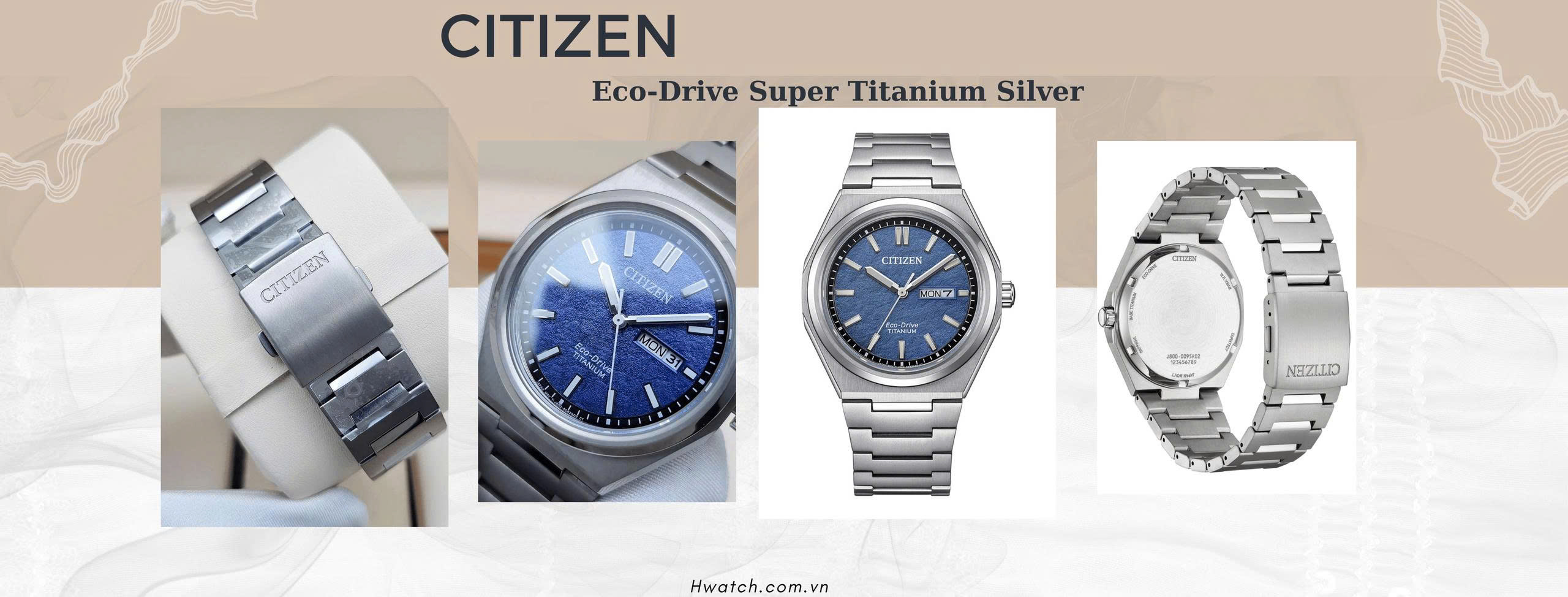  Citizen Quartz Eco-Drive Super Titanium Silver với mã : AW0130-85L xanh dương