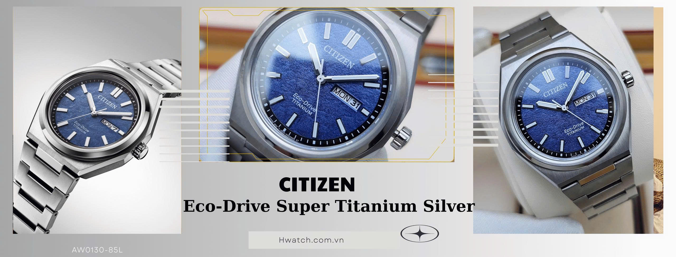  Citizen Quartz Eco-Drive Super Titanium Silver với mã : AW0130-85L xanh dương