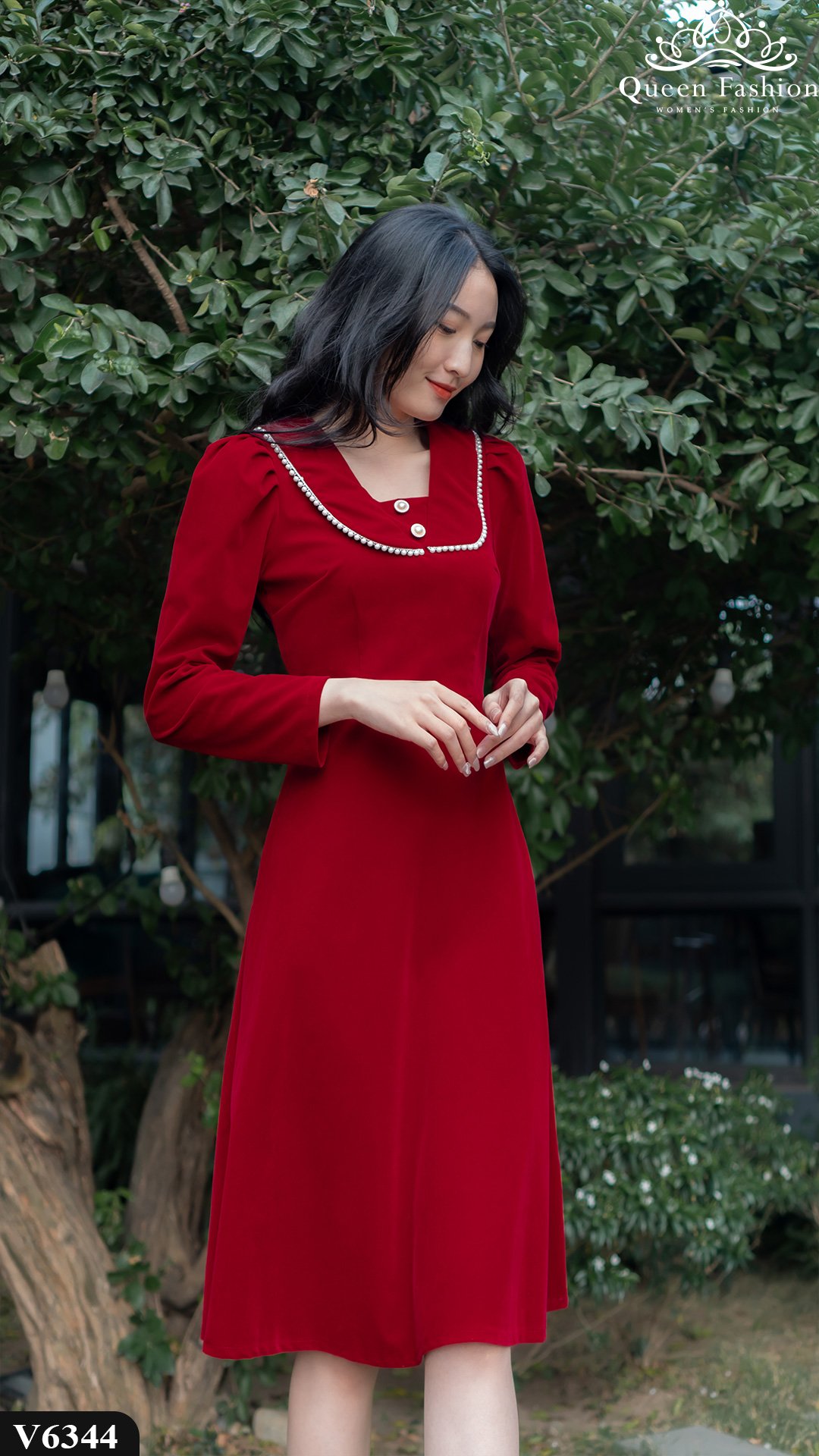 Váy nhung đỏ cao cấp dáng chữ A xinhxan style