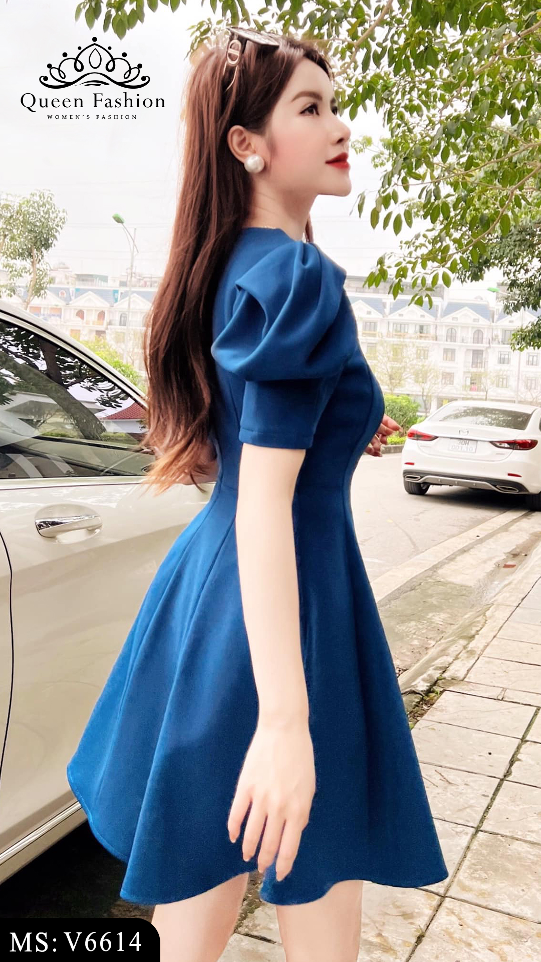 Đầm Ôm Body Xanh Xếp Ly Thanh Lịch Tay Phồng Kết Ngọc Trai Mei Dress