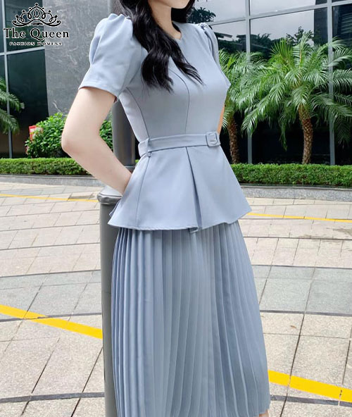 Chân váy xếp ly ghi đậm phối peplum