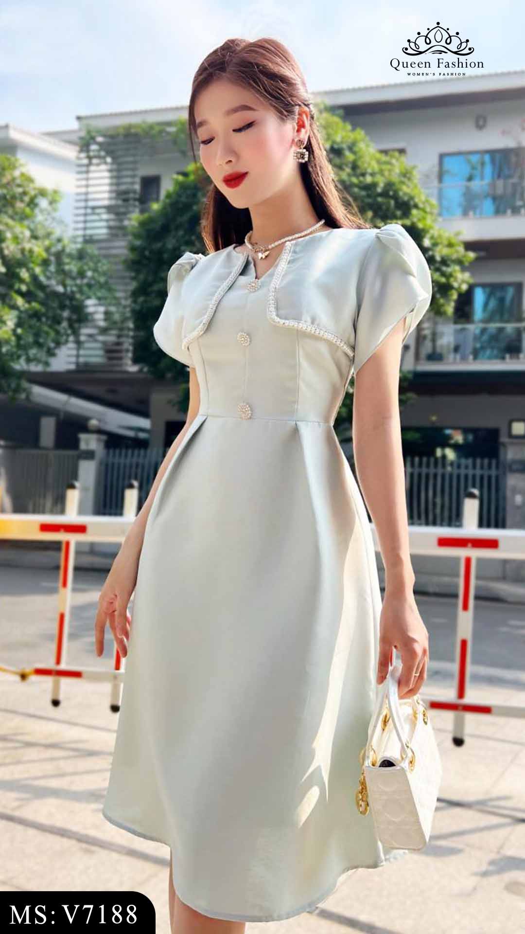 Váy tafta xanh tay bồng V7188 | The Queen Fashion