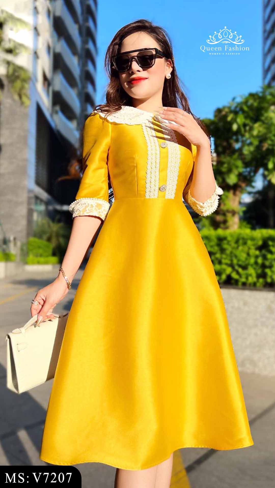 Đầm Xoè Tapta Hoa Xanh Rêu Cao Cấp Frances Dress