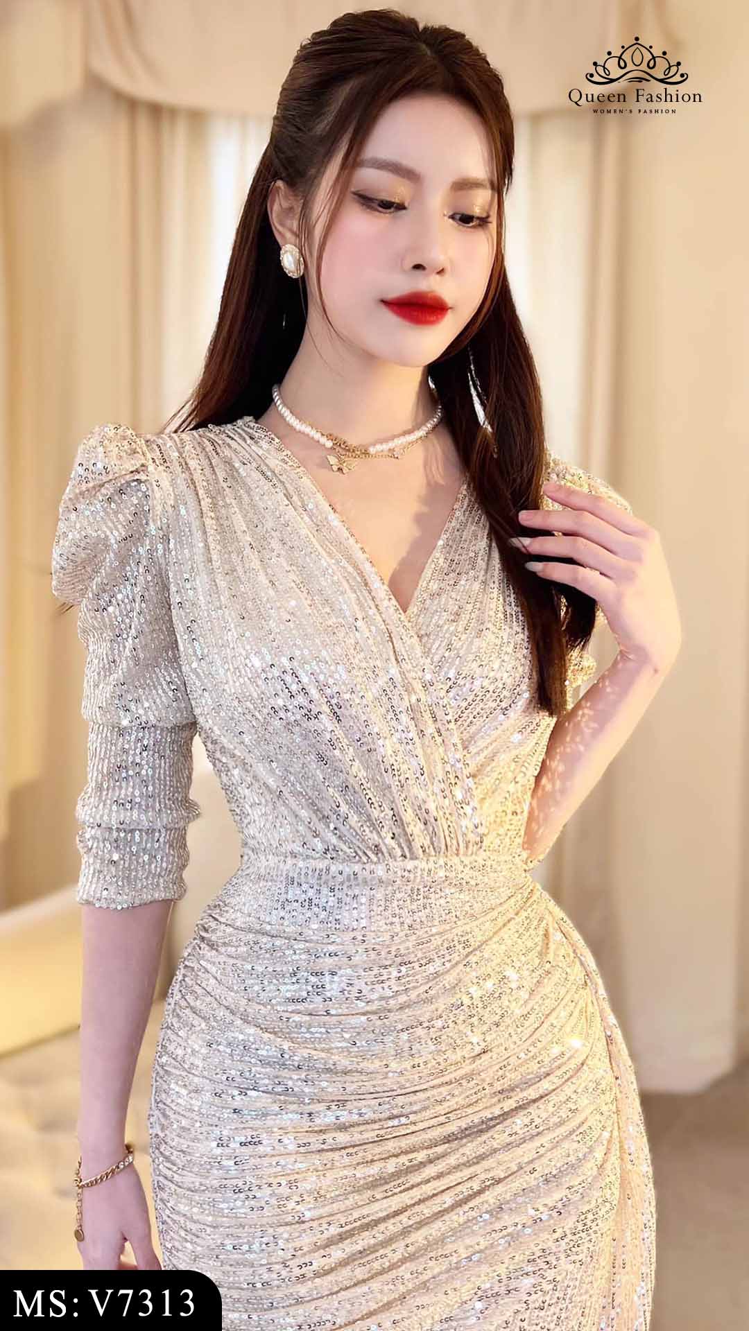 Váy body kim sa bạc cổ V dự tiệc sang chảnh V7313 | The Queen Fashion