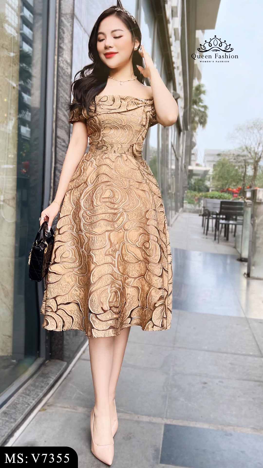 Váy gấm trễ vai dự tiệc sang chảnh V7355 | The Queen Fashion