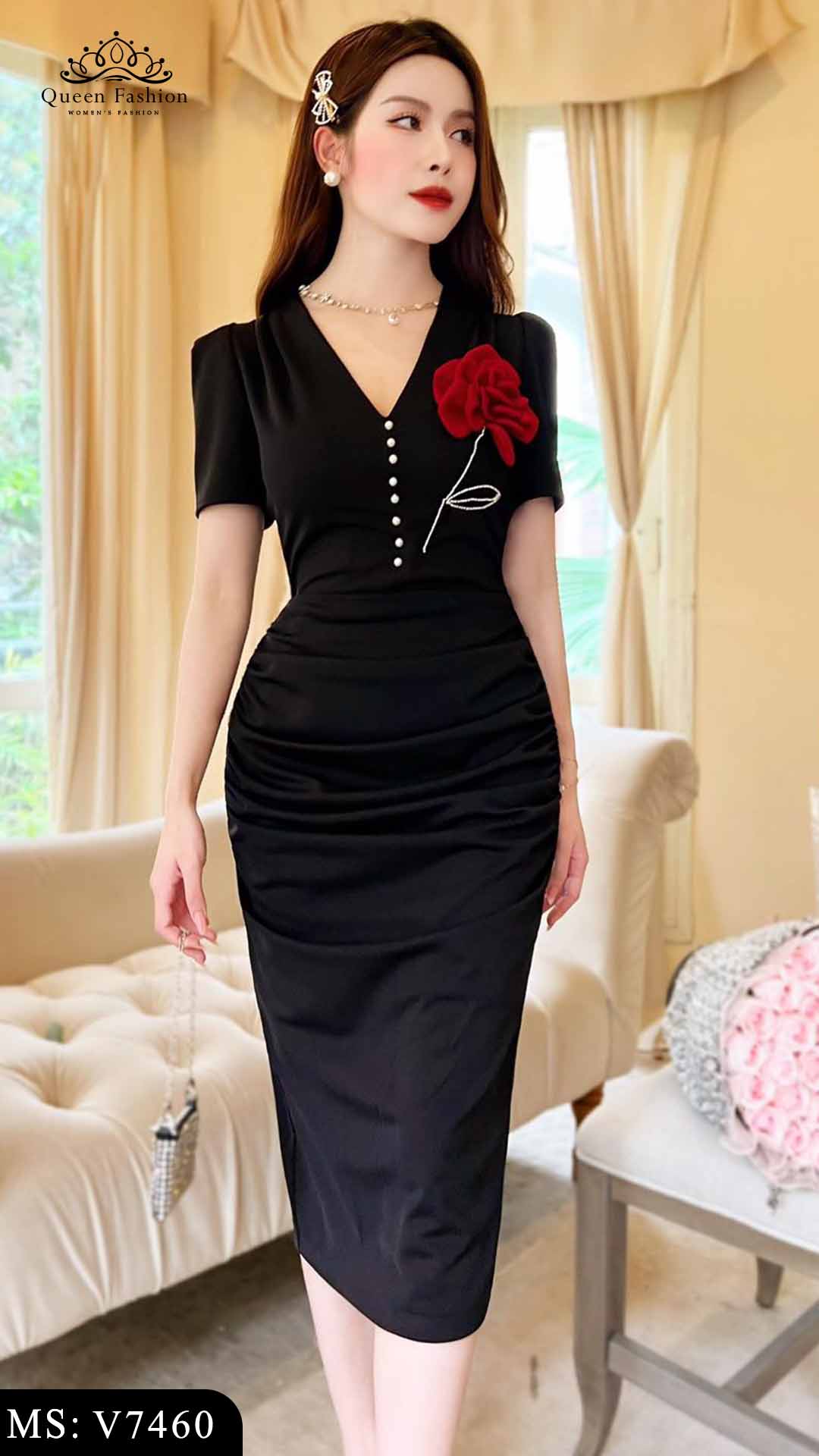 Váy body đen cổ V đính hoa sang trọng V7490 | The Queen Fashion