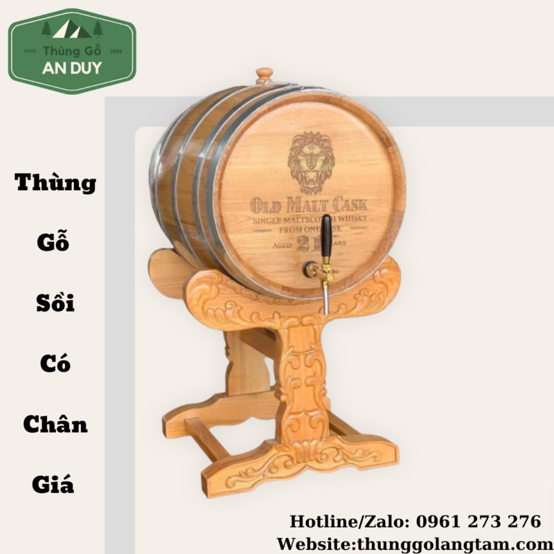 Bình rượu gỗ sồi chân đỡ chạm khắc