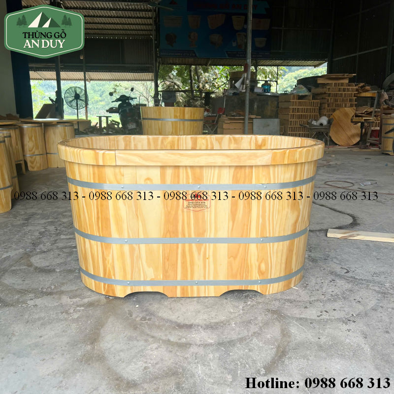 Bồn tắm gỗ mini gỗ thông dáng dài bo miệng