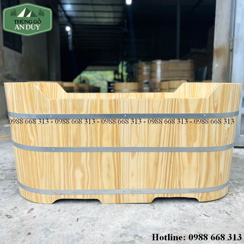 Bồn Tắm Gỗ Thông Cắt Giữa 3 Đai Inox