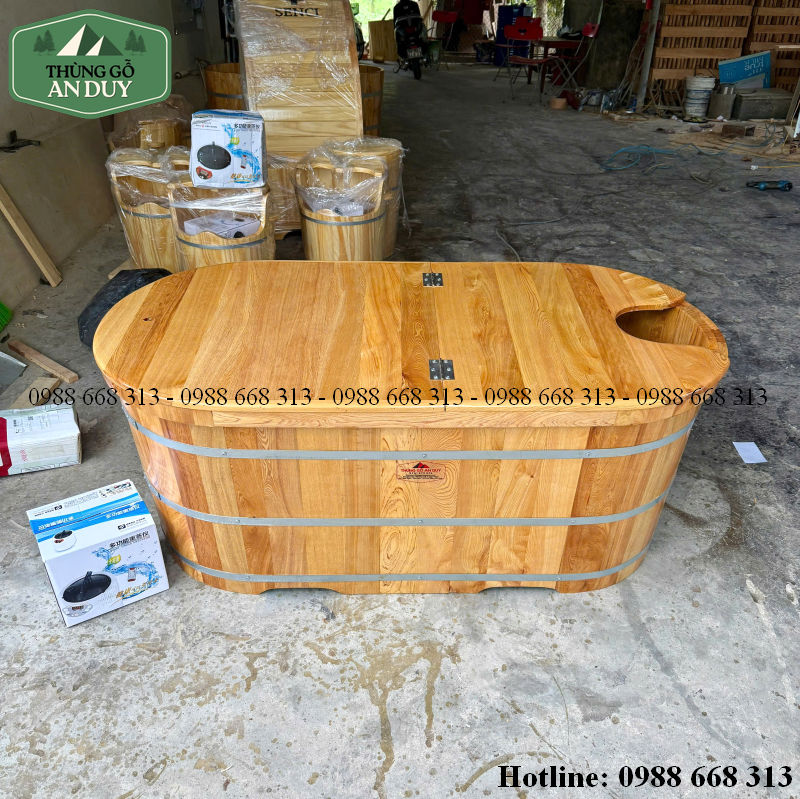 Bồn tắm gỗ xông hơi Pơ Mu dáng dài hoàn thiện.