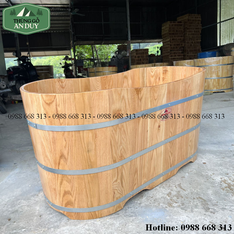 Ba đai inox gia cố thân bồn tắm gỗ sồi dáng Oval