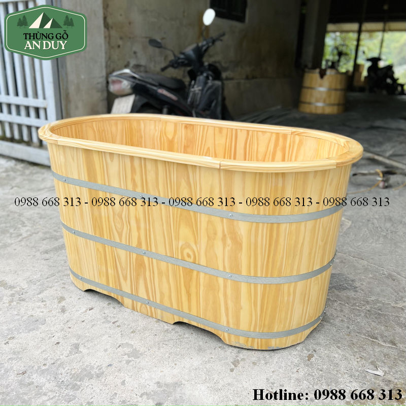 3 đai inox trên Bồn Tắm Gỗ Thông Bo Viền Dáng Oval