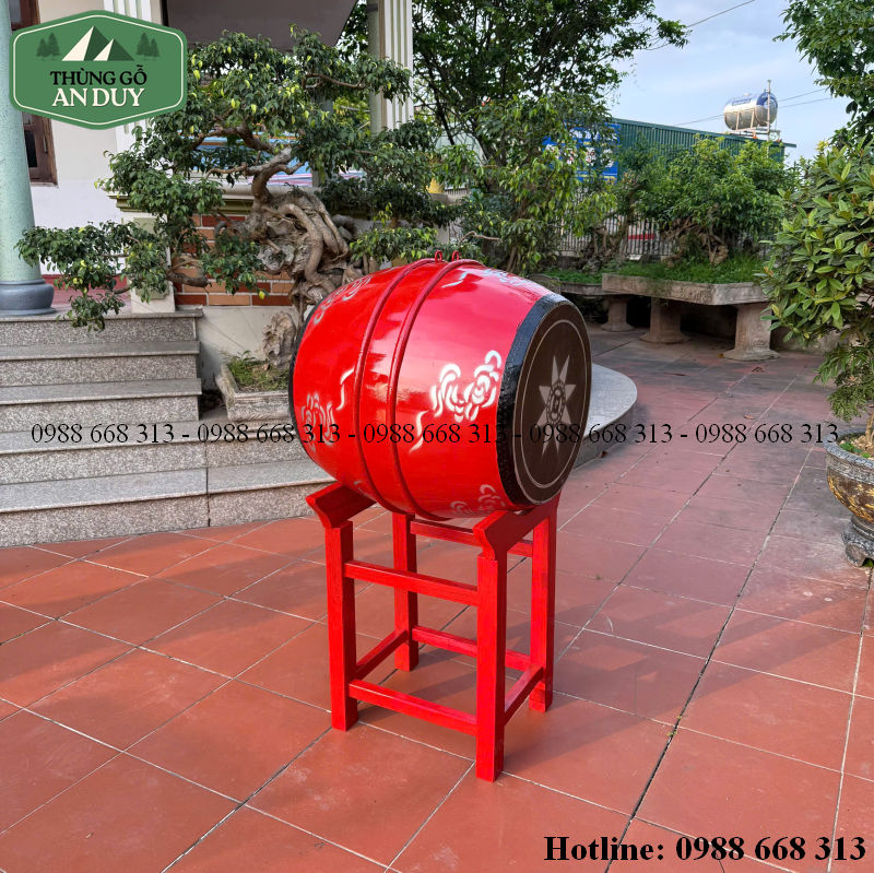 Thân trống trường học bằng gỗ mít lõi sơn đỏ, trang trí nhũ vàng