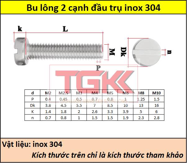 Bu lông 2 cạnh đầu trụ inox 304 M5- GB65 Siêu thị ốc vít