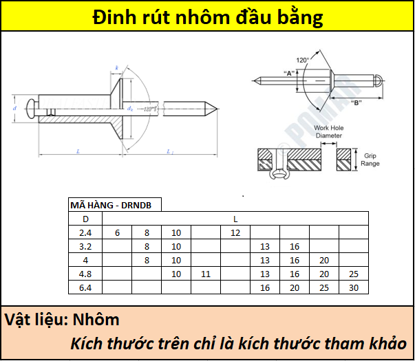 Đinh rút nhôm đầu bằng Siêu thị ốc vít
