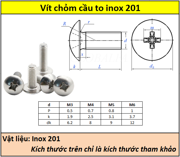 Vít chỏm cầu to inox 201 M3 Siêu thị ốc vít