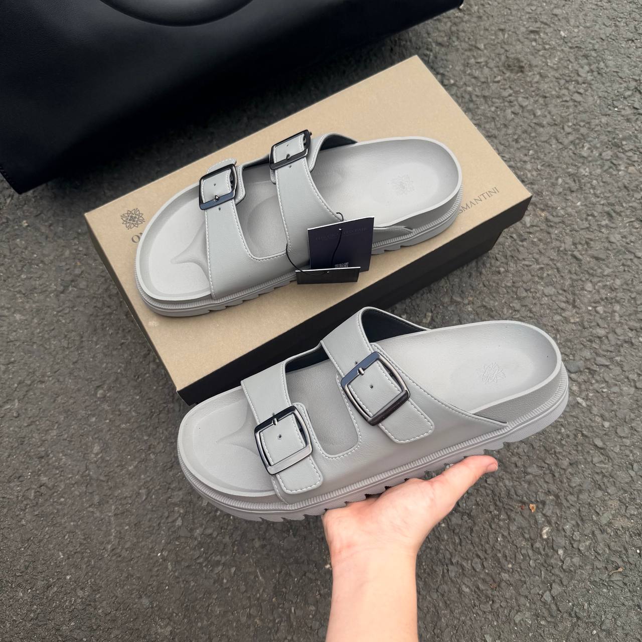 Dép Francis Mantini Double Strap Slippers ''Grey'' FULL LEATHER