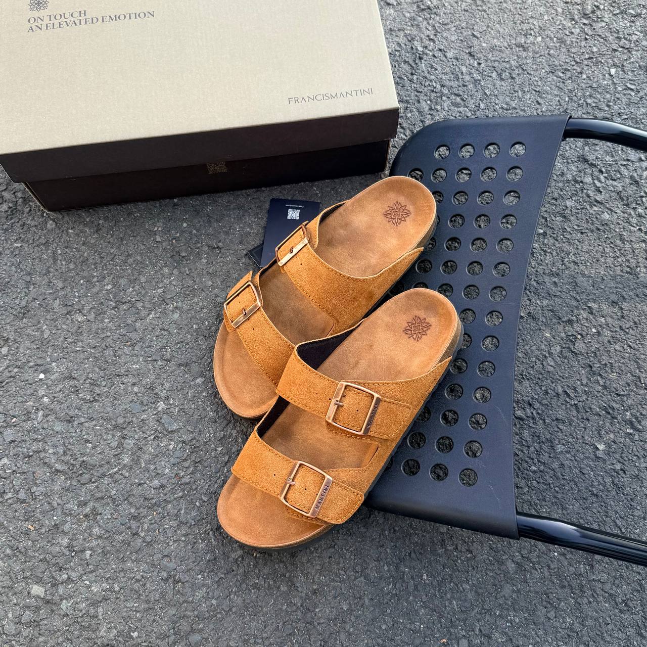Dép Francis Mantini Suede Double Buckle Sandals Medium Wheat