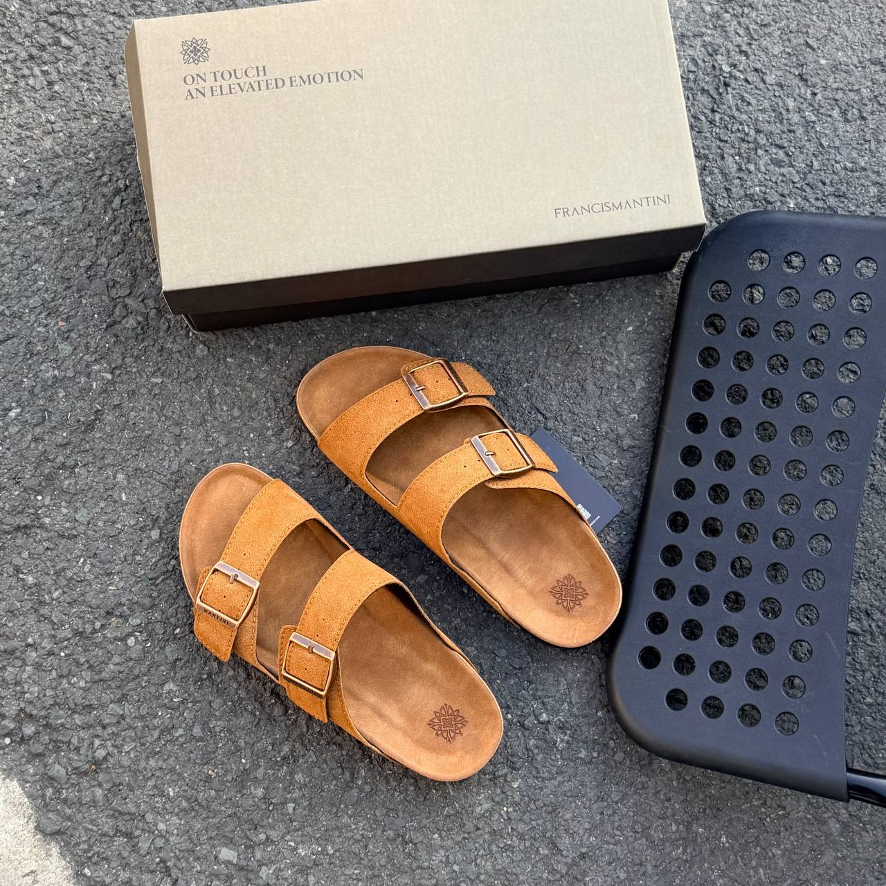 Dép Francis Mantini Suede Double Buckle Sandals Medium Wheat