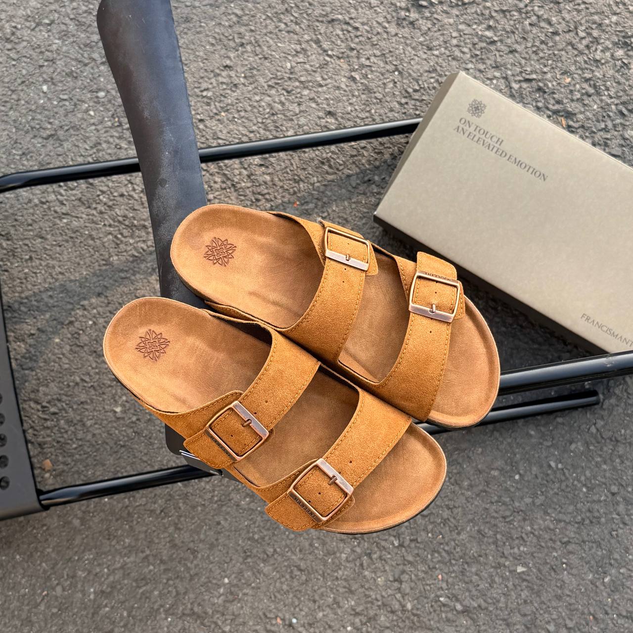 Dép Francis Mantini Suede Double Buckle Sandals Medium Wheat