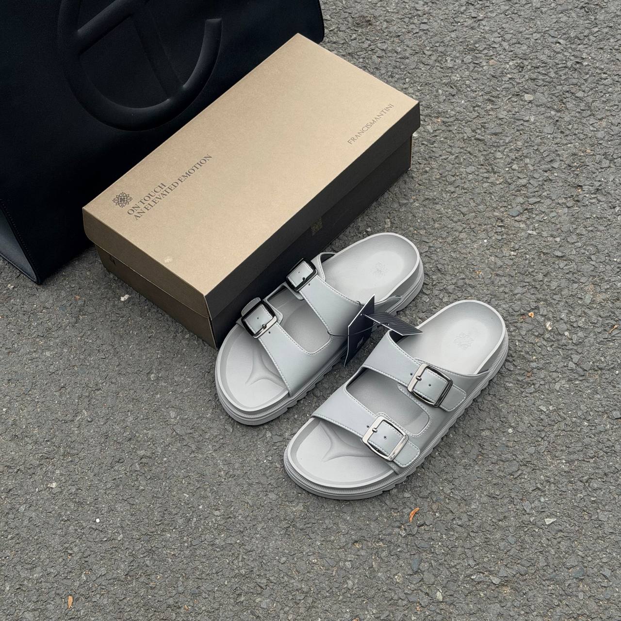 Dép Francis Mantini Double Strap Slippers ''Grey'' FULL LEATHER