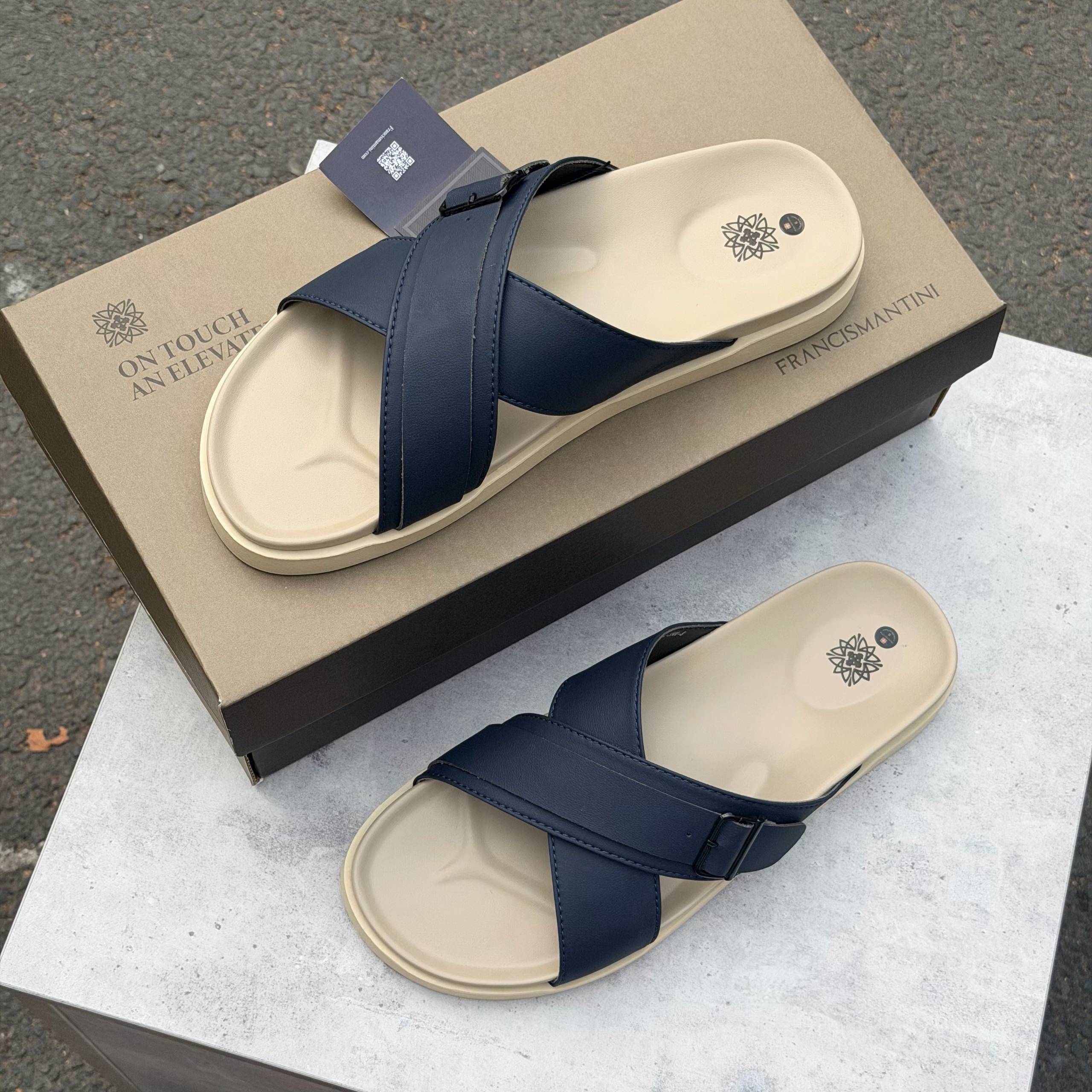 Dép Francis Mantini Darrel Premier Cross Strap Leather Navy Cream [24100NV]