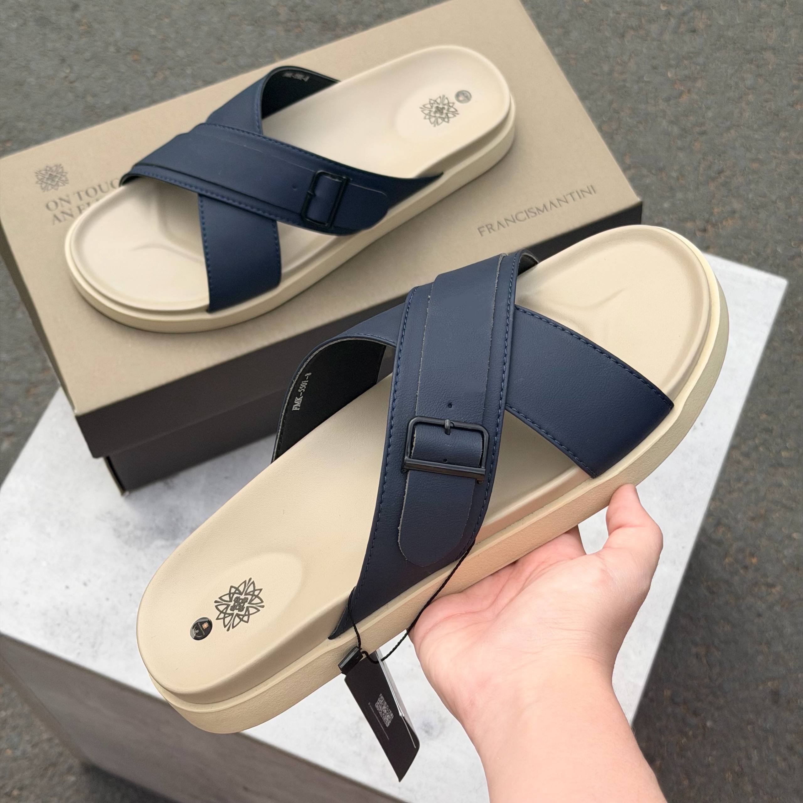 Dép Francis Mantini Darrel Premier Cross Strap Leather Navy Cream [24100NV]