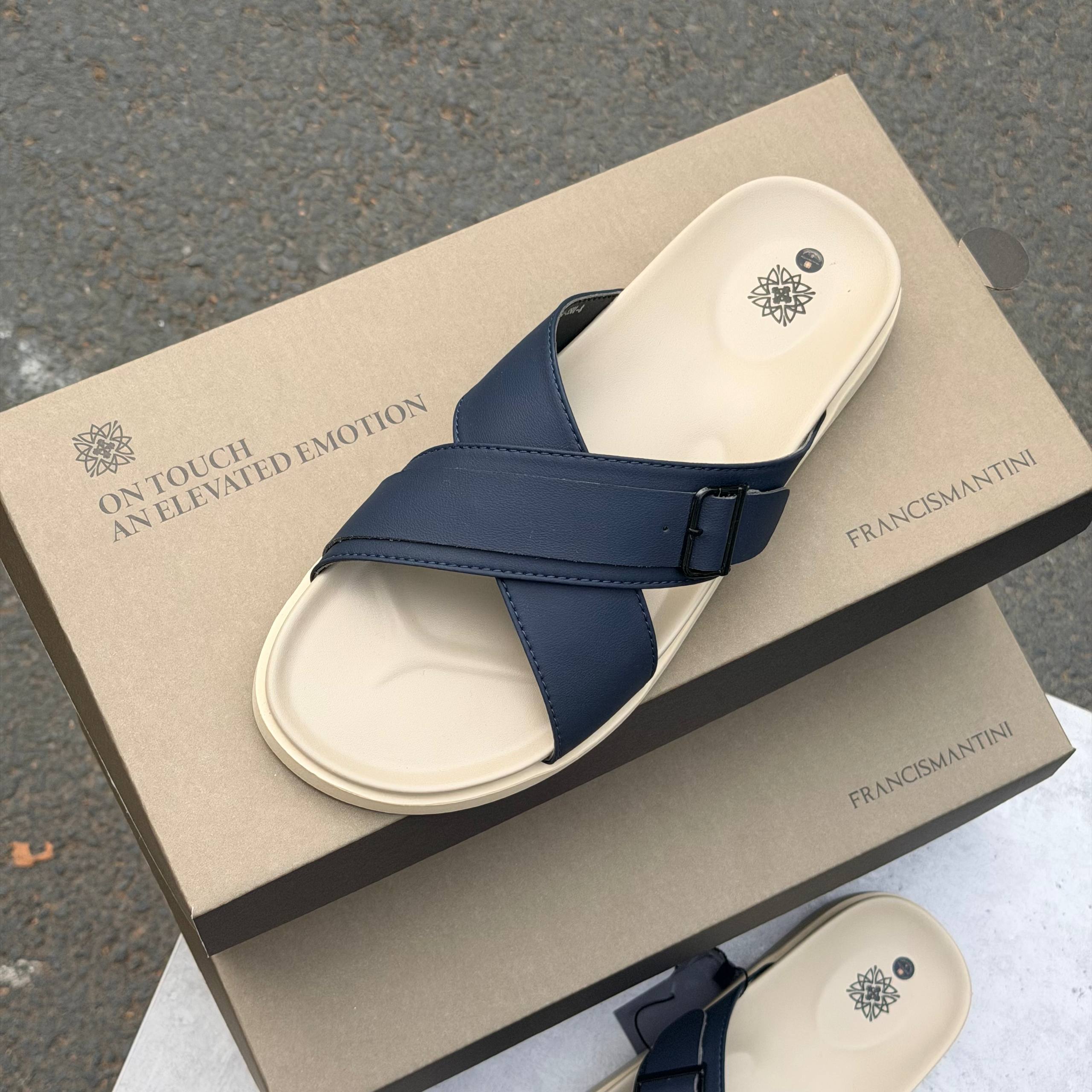 Dép Francis Mantini Darrel Premier Cross Strap Leather Navy Cream [24100NV]