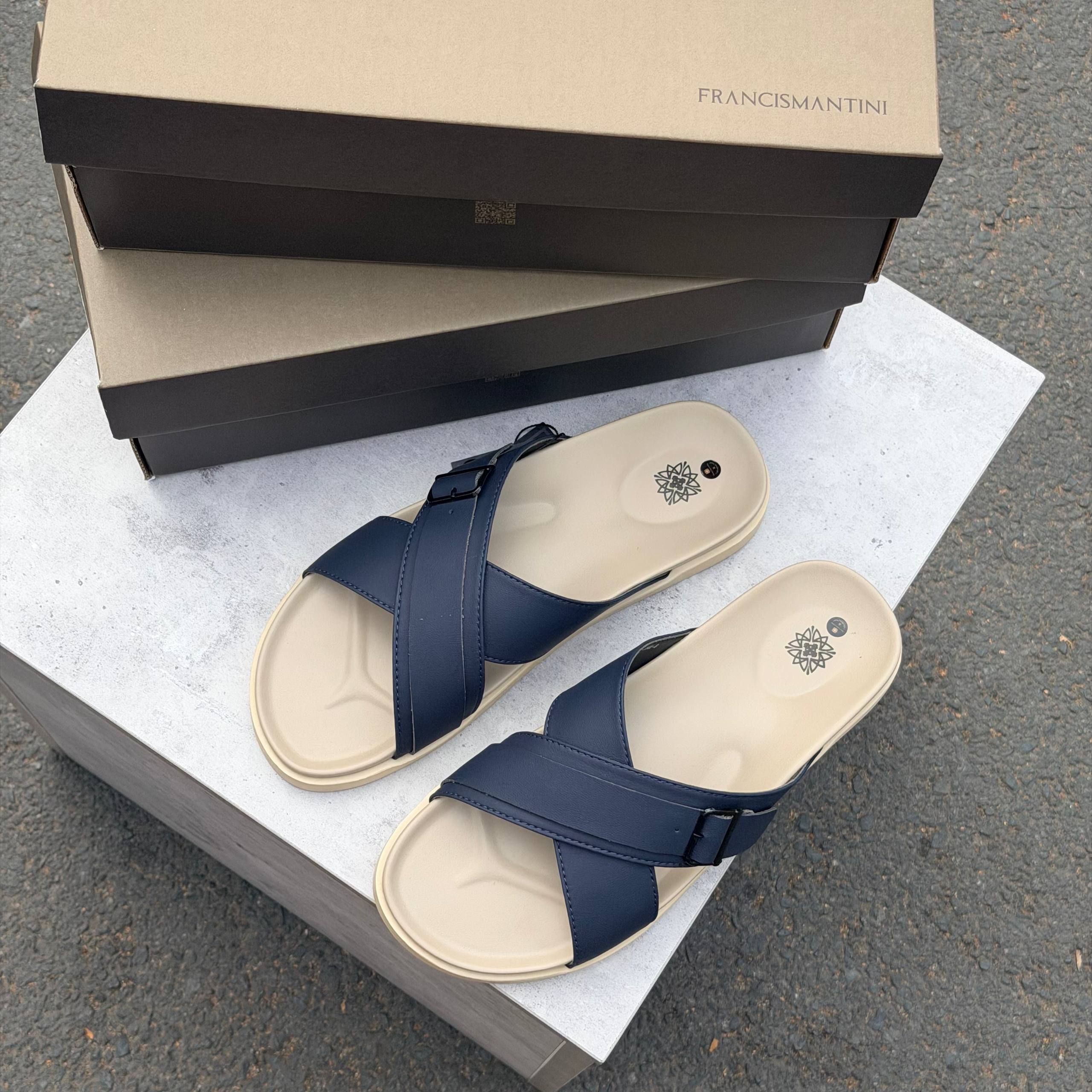 Dép Francis Mantini Darrel Premier Cross Strap Leather Navy Cream [24100NV]