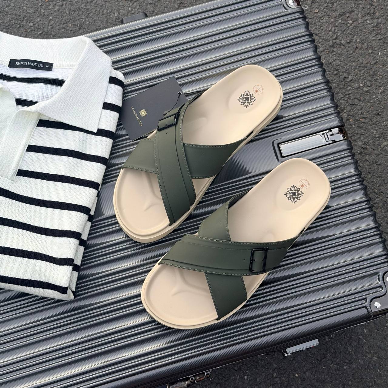 Dép Francis Mantini Darrel Premier Cross Strap Leather Olive Cream