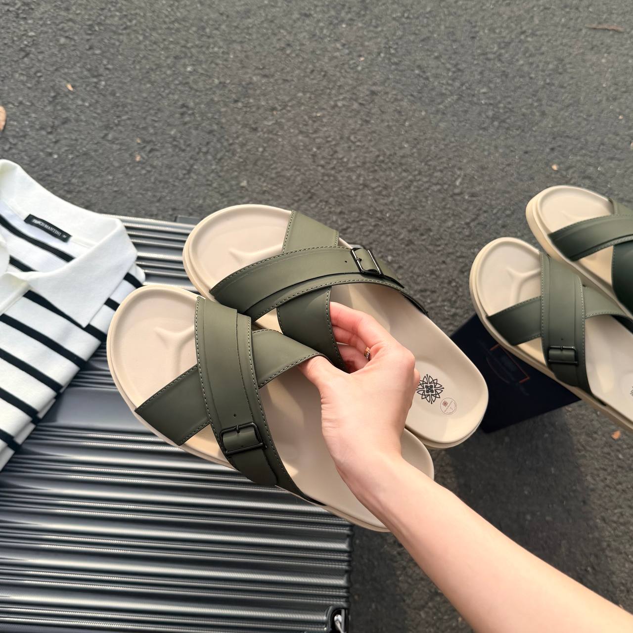 Dép Francis Mantini Darrel Premier Cross Strap Leather Olive Cream