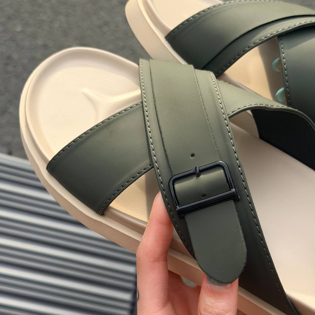 Dép Francis Mantini Darrel Premier Cross Strap Leather Olive Cream