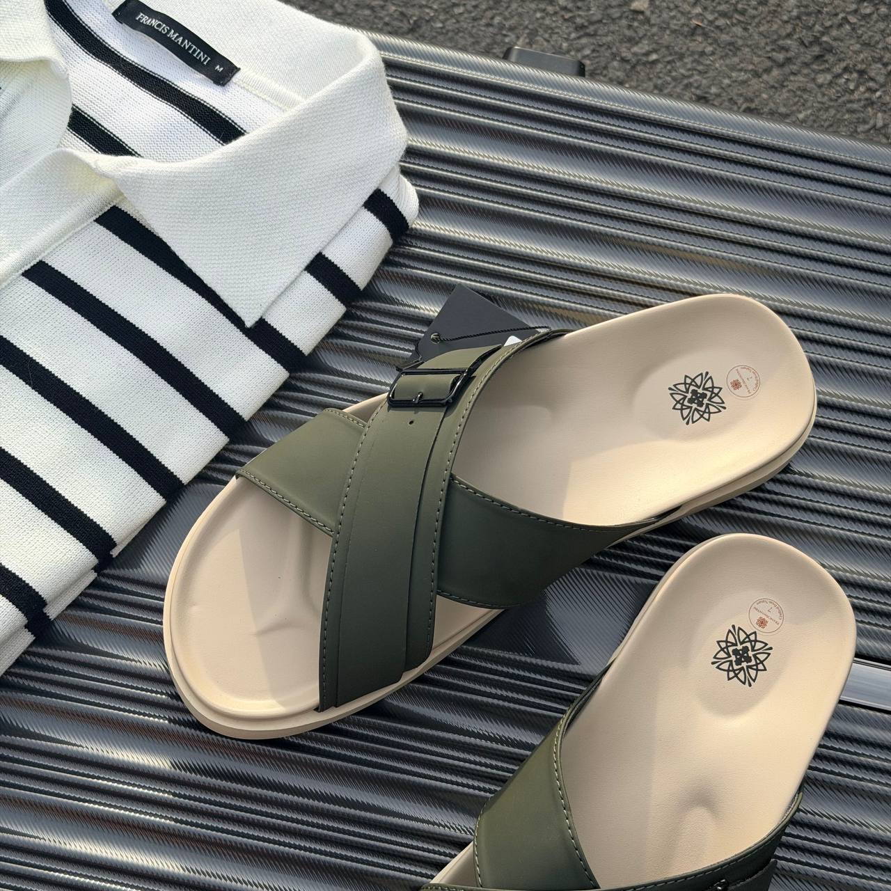 Dép Francis Mantini Darrel Premier Cross Strap Leather Olive Cream