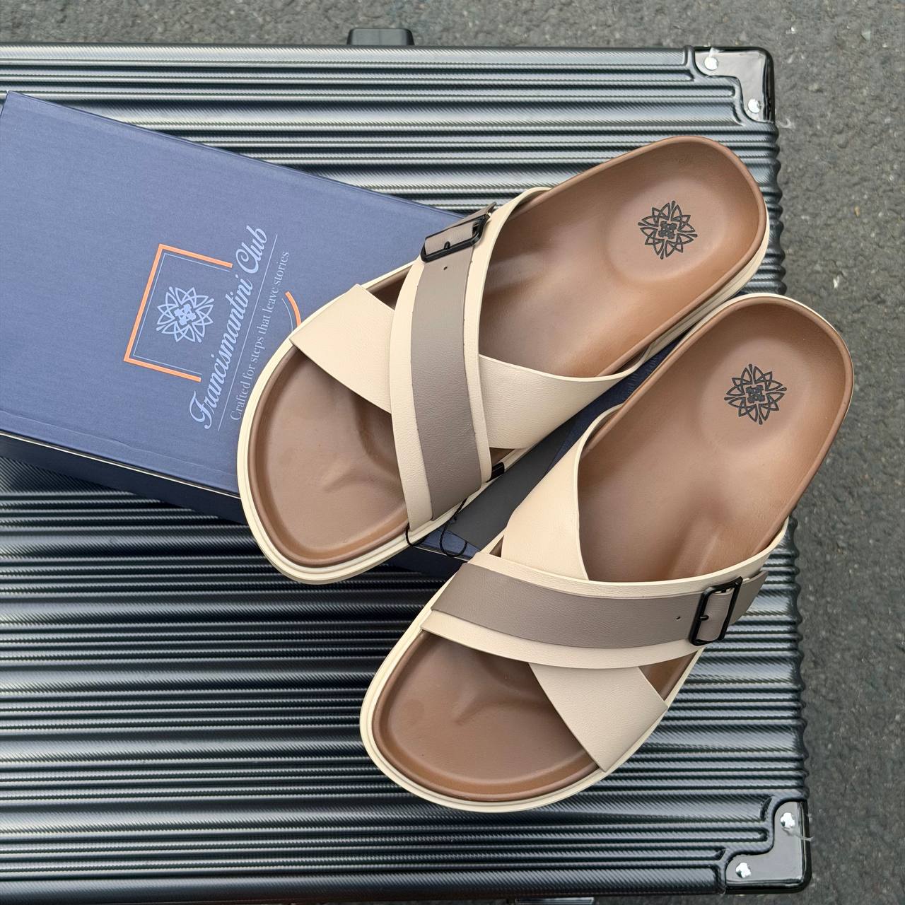 Dép Francis Mantini Darrel Premier Cross Strap Leather Cream Brown