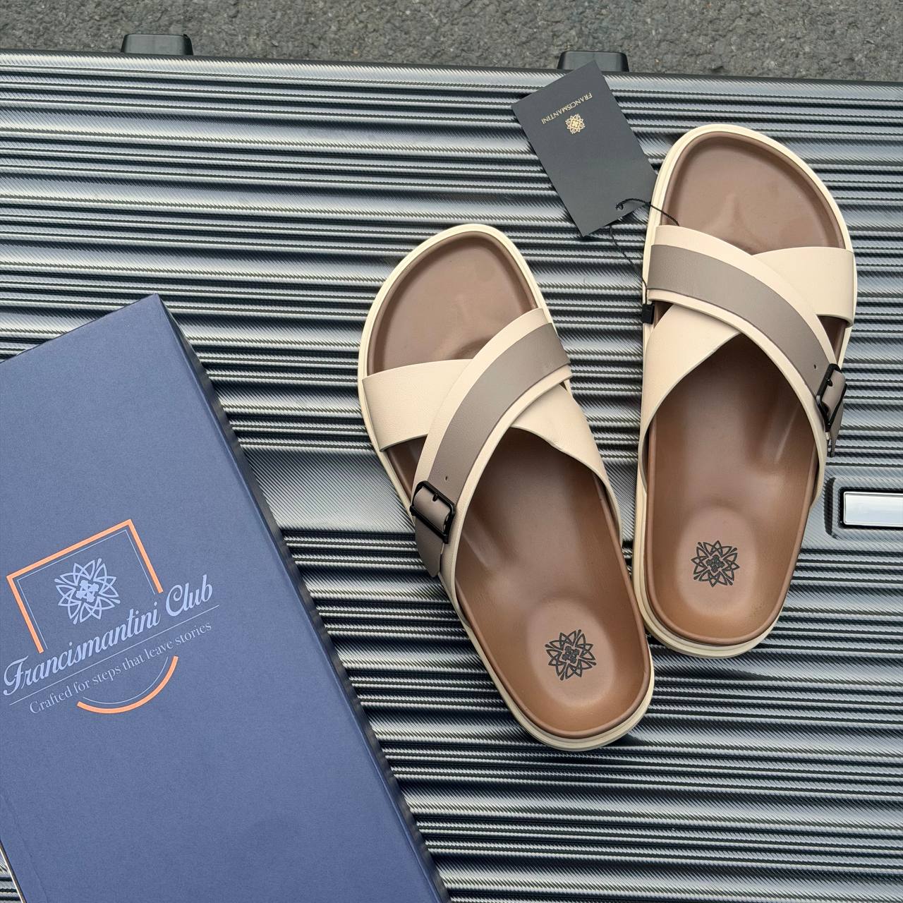 Dép Francis Mantini Darrel Premier Cross Strap Leather Cream Brown