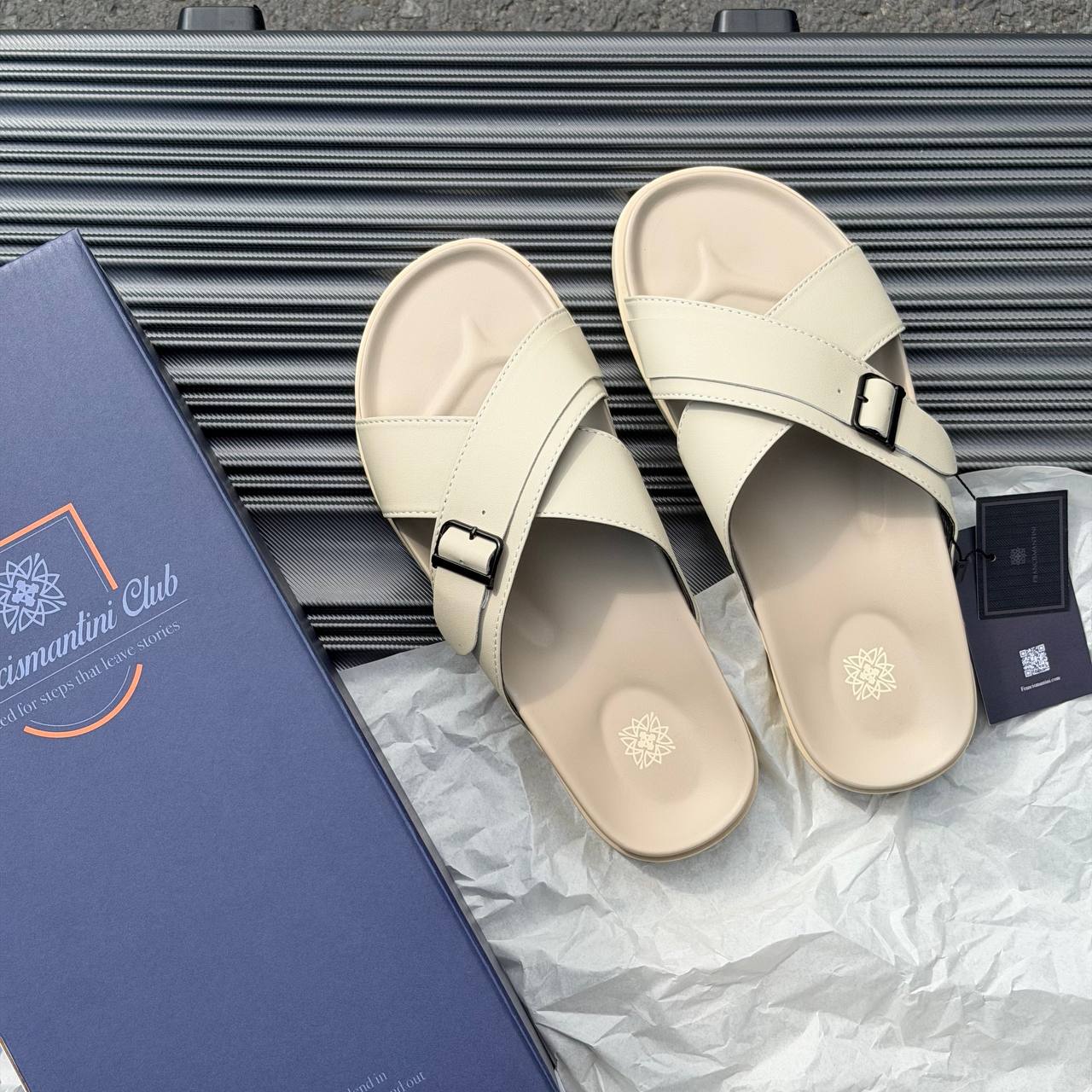 Dép Francis Mantini Darrel Premier Cross Strap Leather Cream [24099CR]