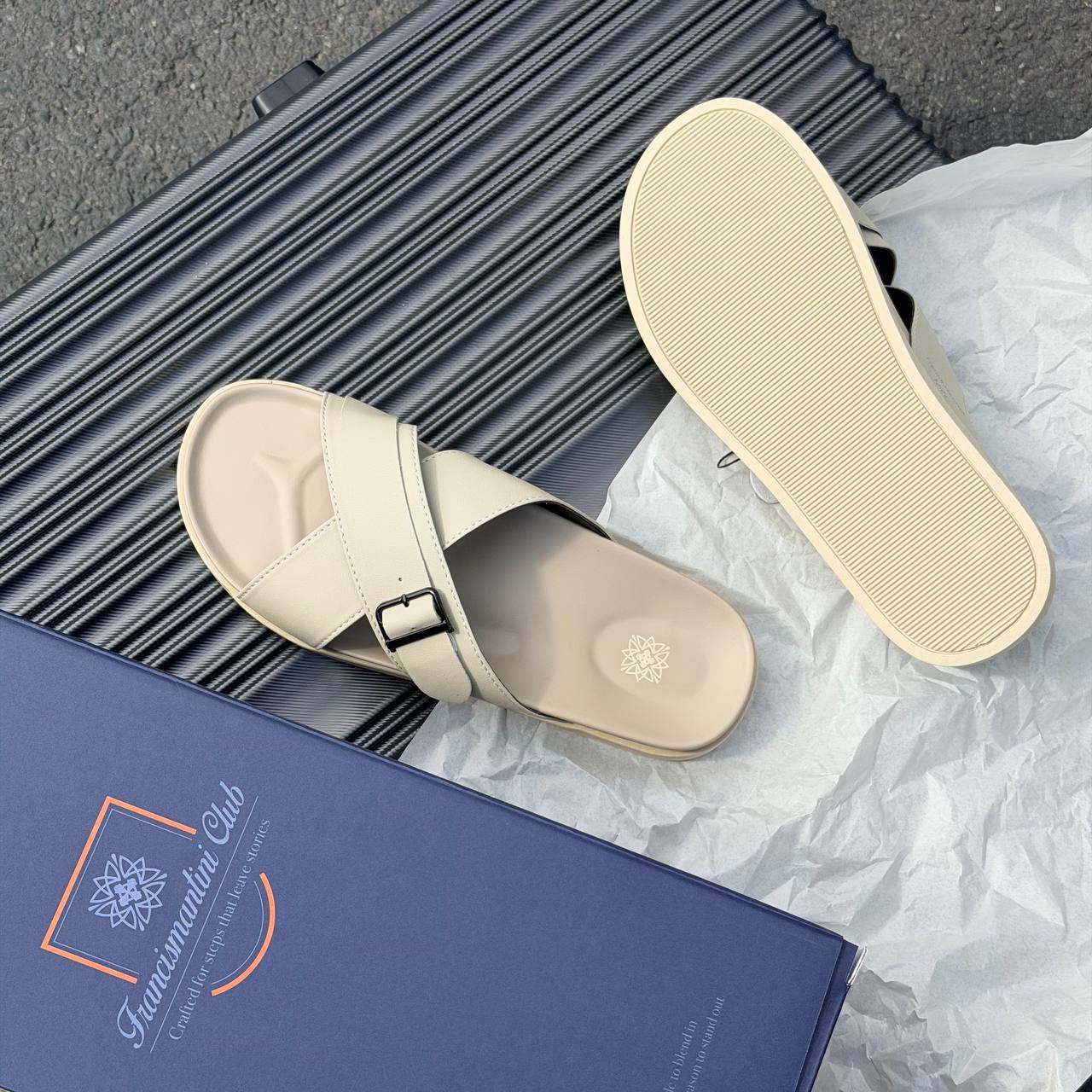 Dép Francis Mantini Darrel Premier Cross Strap Leather Cream [24099CR]