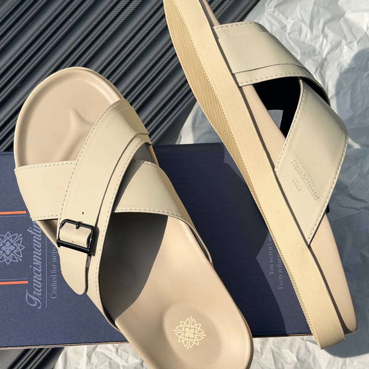 Dép Francis Mantini Darrel Premier Cross Strap Leather Cream [24099CR]