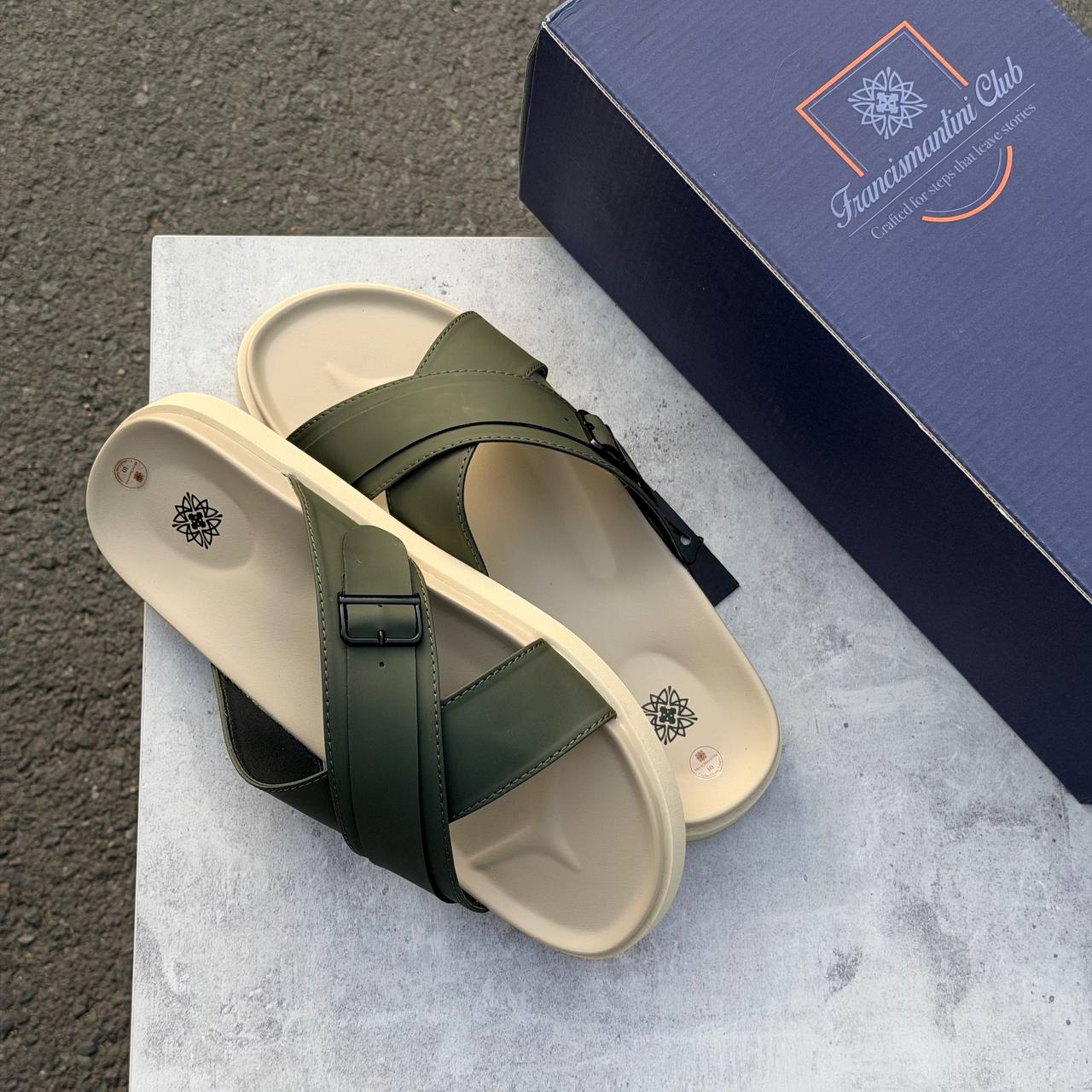 Dép Francis Mantini Darrel Premier Cross Strap Leather Olive Cream