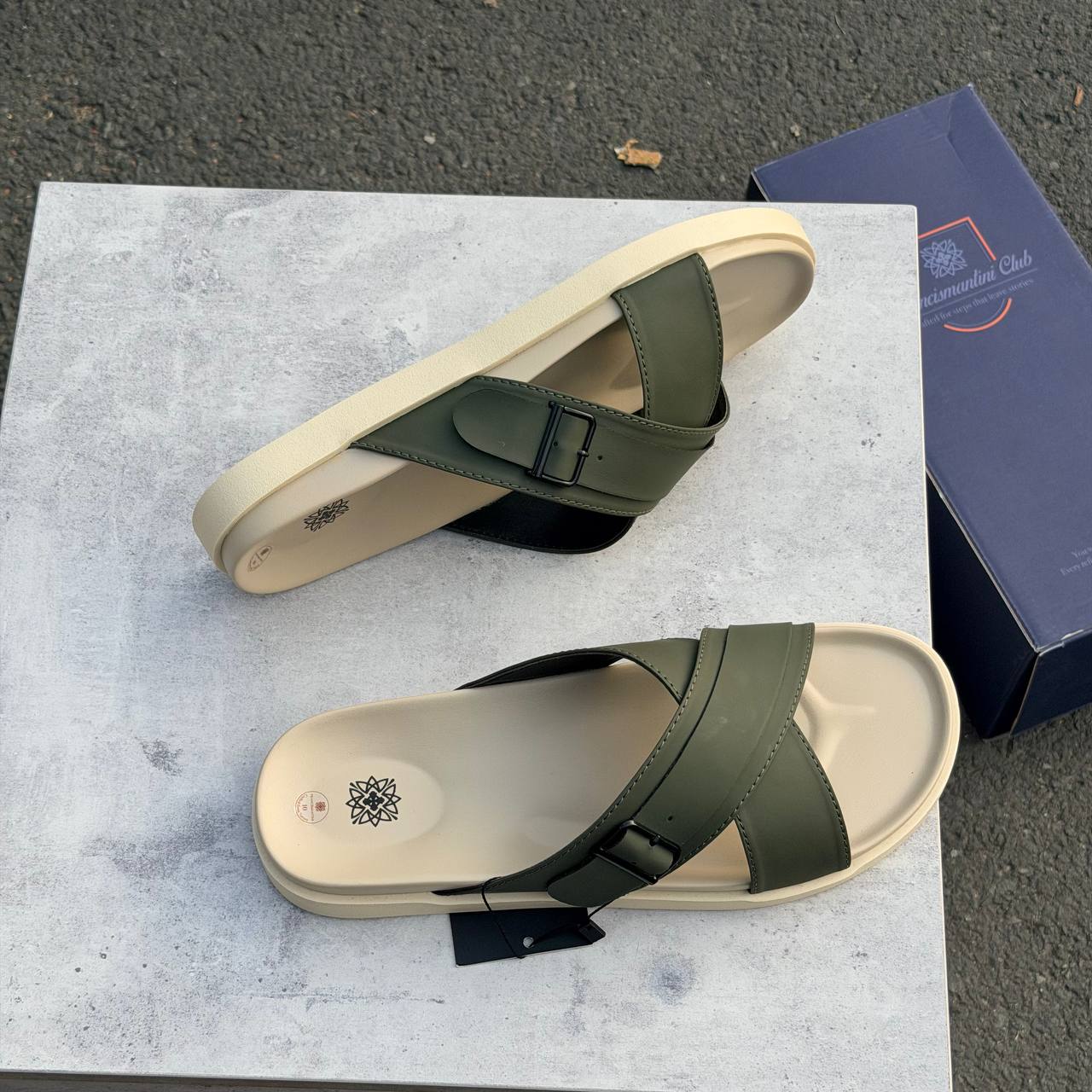 Dép Francis Mantini Darrel Premier Cross Strap Leather Olive Cream