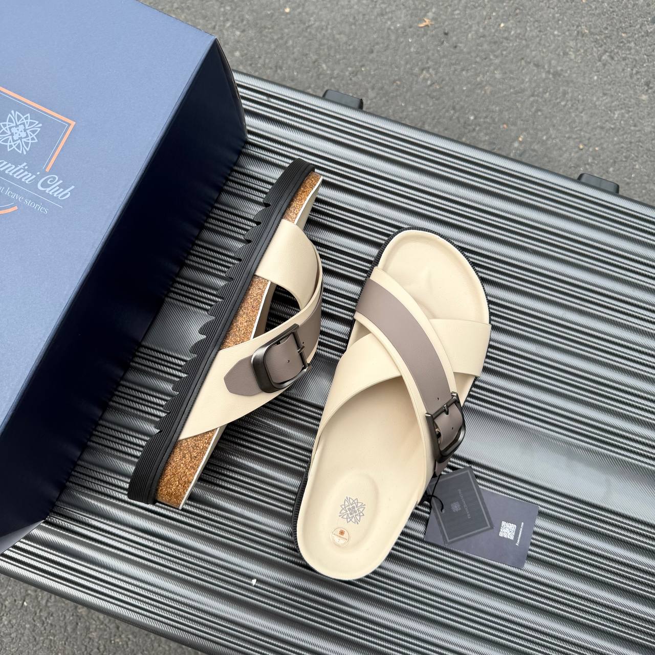 Dép Francis Mantini Darrel Premier Cross Strap Leather Cream Brown