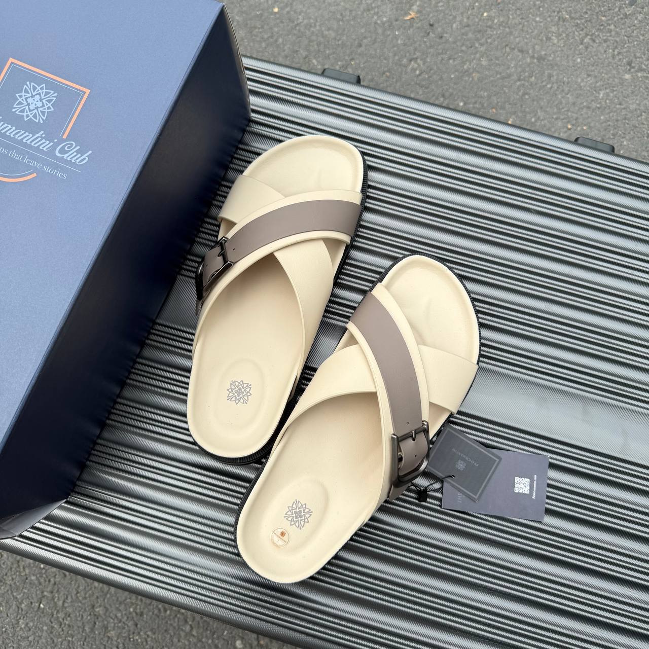 Dép Francis Mantini Darrel Premier Cross Strap Leather Cream Brown