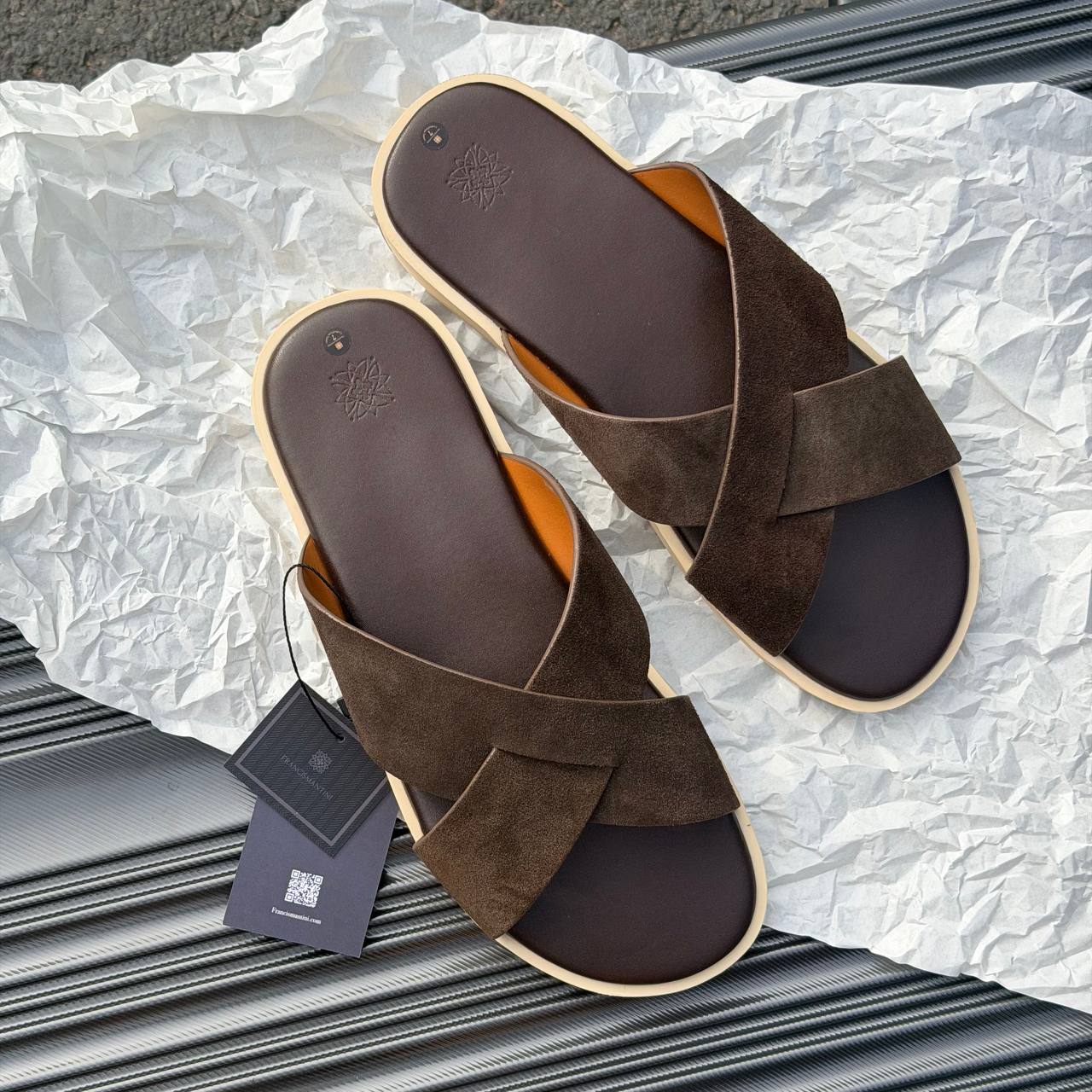 Dép Francis Mantini Nantucket Cross Strap Suede Dark Brown
