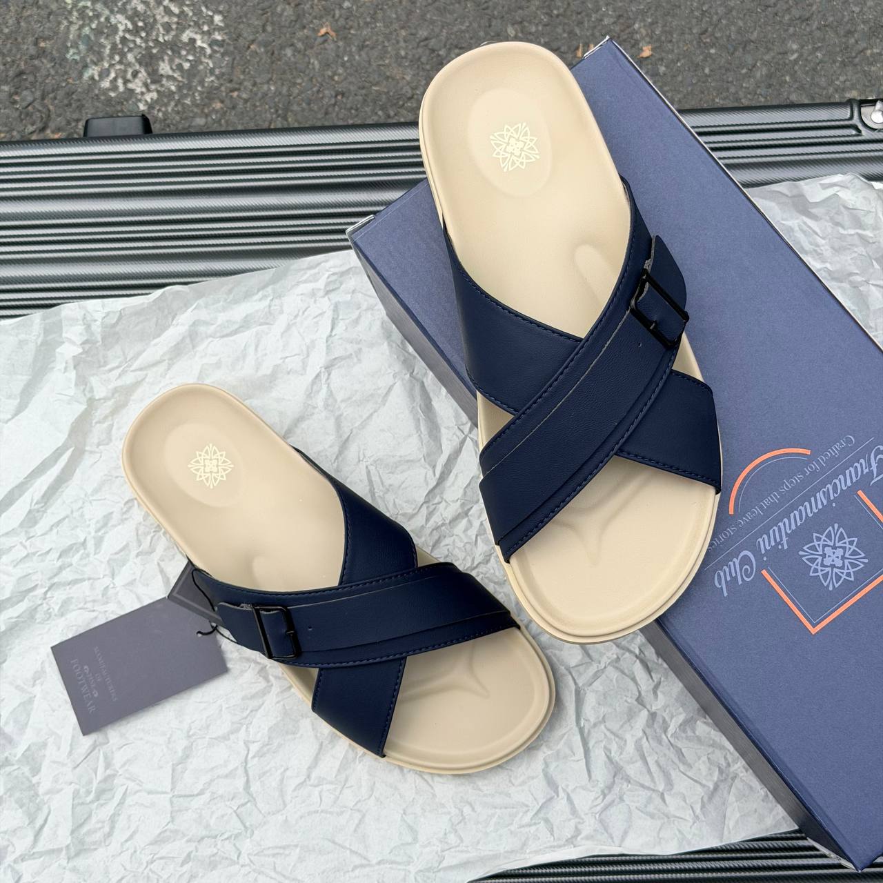 Dép Francis Mantini Darrel Premier Cross Strap Leather Navy Cream [24100NV]